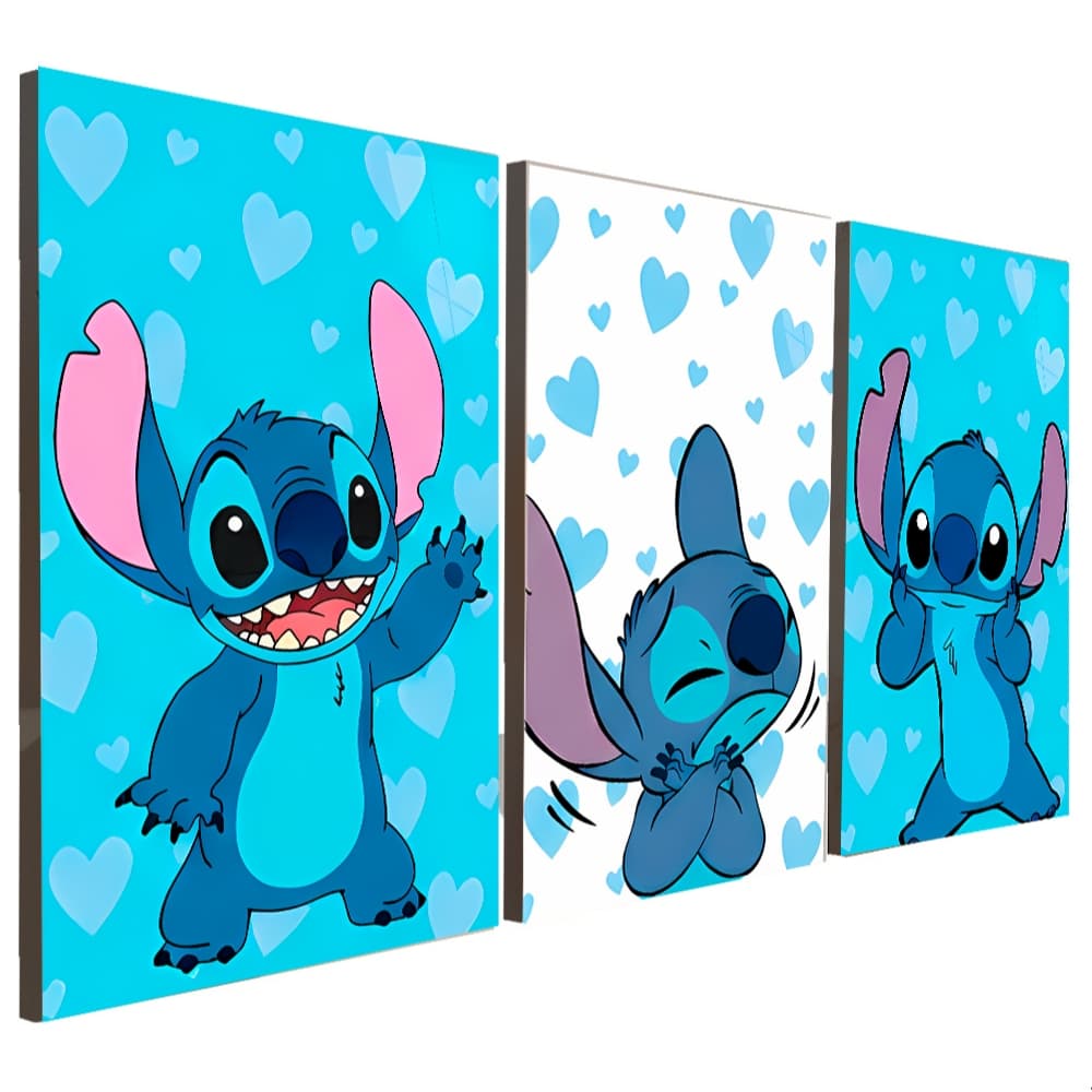 Quadros Decorativos 3 Peças Stitch Coração Azul Desenho Criança Infantil  Casa Sala Quarto Decoração Parede