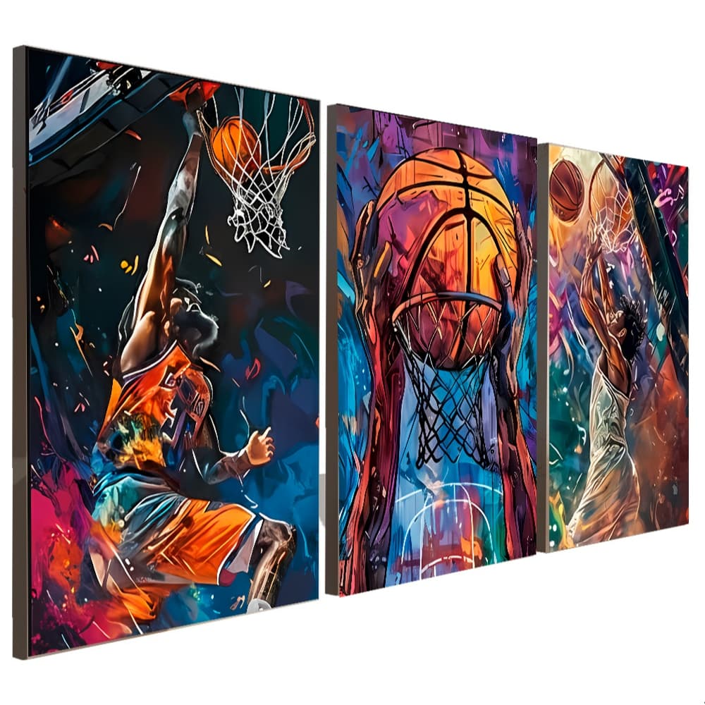 Quadros Decorativos 3 Peças Basquete Esporte Em Grafite Pintura Colorido Casa Sala Quarto Decoração Parede