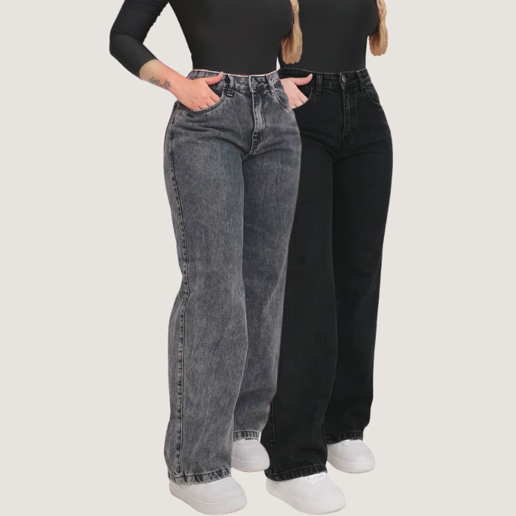 Kit 2 Calças Jeans Femininas Wide Leg  34 ao 54 (plus size) Pantalona Cintura Alta 100% Algodão Casual Urbana Moderna