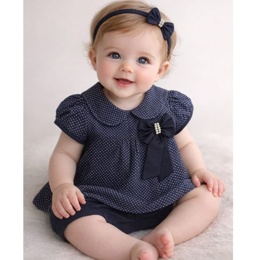 CONJUNTO POÁ BEBÊ INFANTIL COM LAÇO BORDADO EM PEROLAS AZUL MARINHO CONJUNTO FOFOQUINHA POÁ