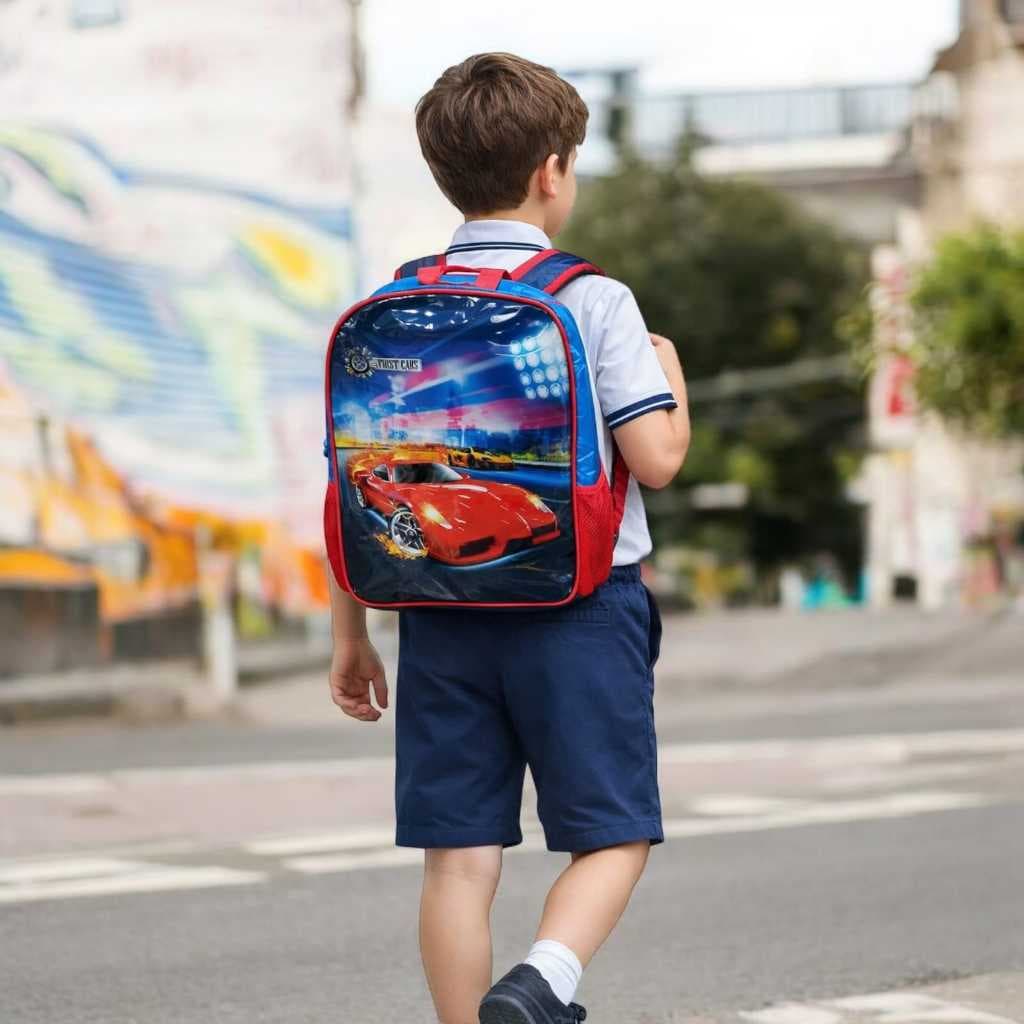 Mochila Infantil Passeio Escolar Costas Carros Estampada Resistente Leve Vermelha
