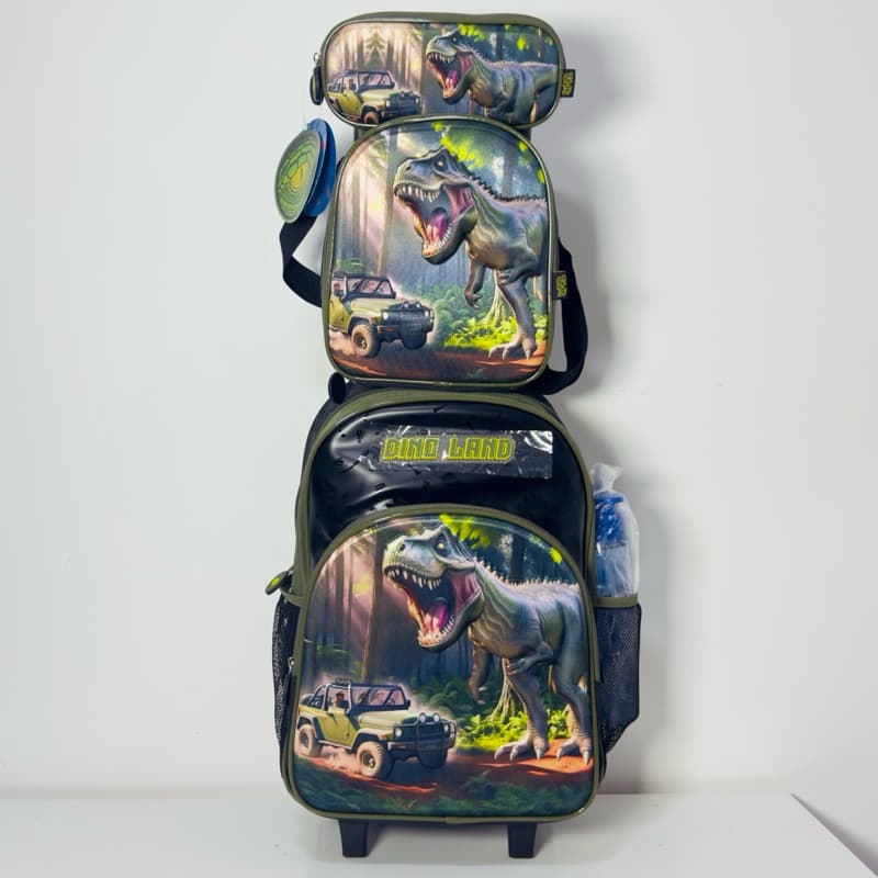 Mochila Infantil Menino 3D Dinossauro com Rodinhas | Lancheira Térmica + Estojo | Resistente > Escola, Viagem e Presente