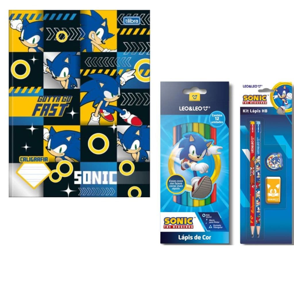 Kit Escolar Sonic Caderno  Caligrafia  Tilibra + Lápis de Cor 12 Cores + Kit Lápis HB Leo&Leo