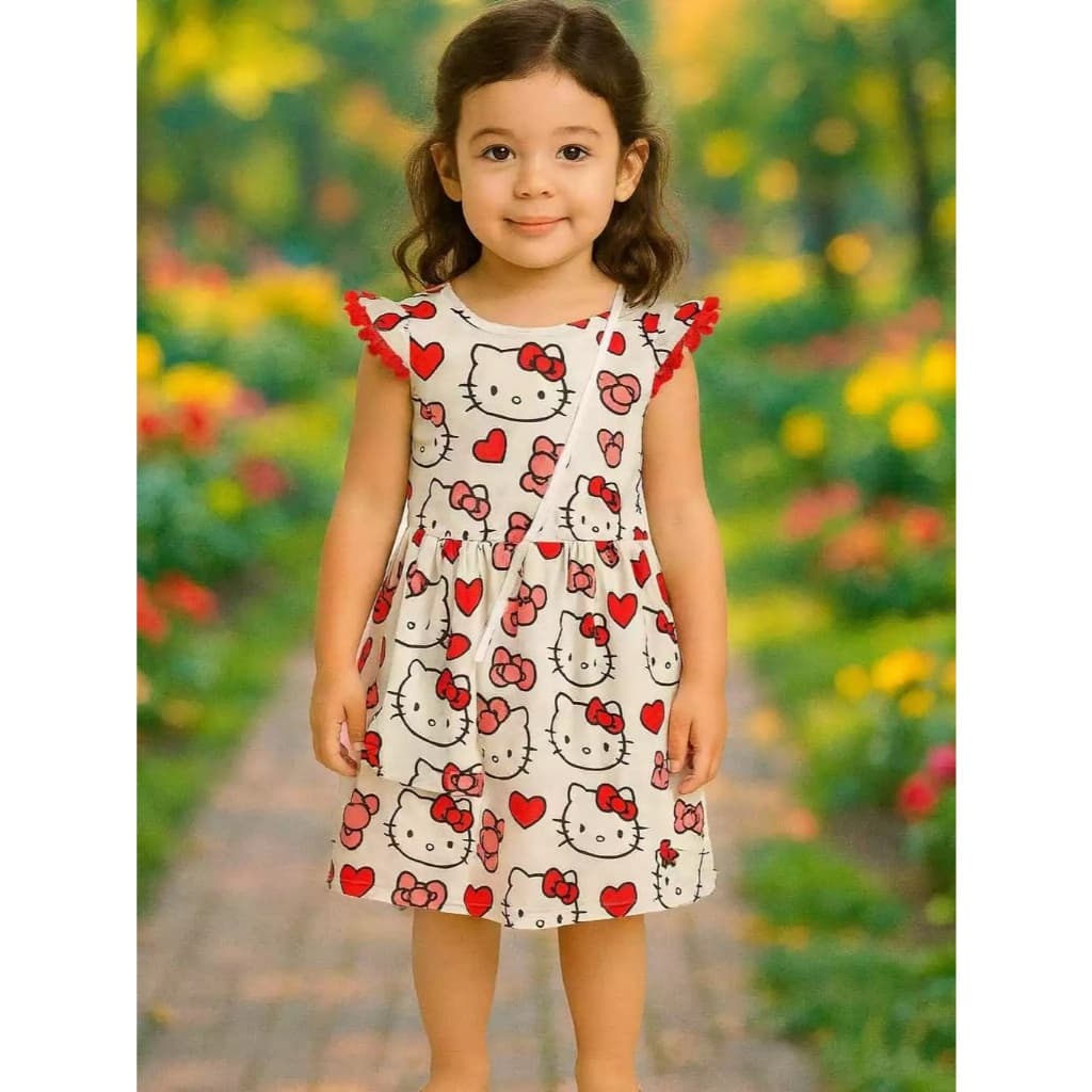 Vestido Infantil Hello Kitty com Pompom + Bolsinha Linda!!!