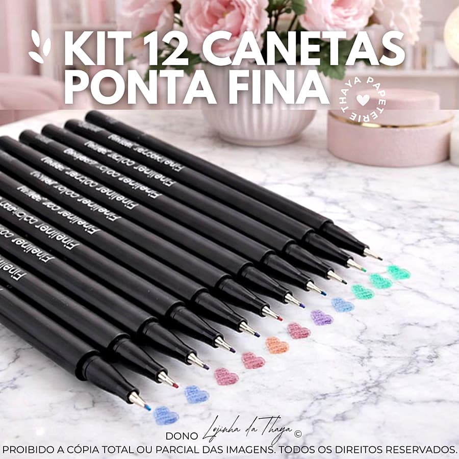 kit 12 canetas coloridas amarelo rosa verde vermelho lilas azul preto marrom cinza  fineliner ponta fina