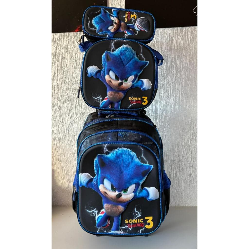 Mochila Infantil Sonic 3 em 1 Rodinha + Lancheira + Estojo 3D 2026