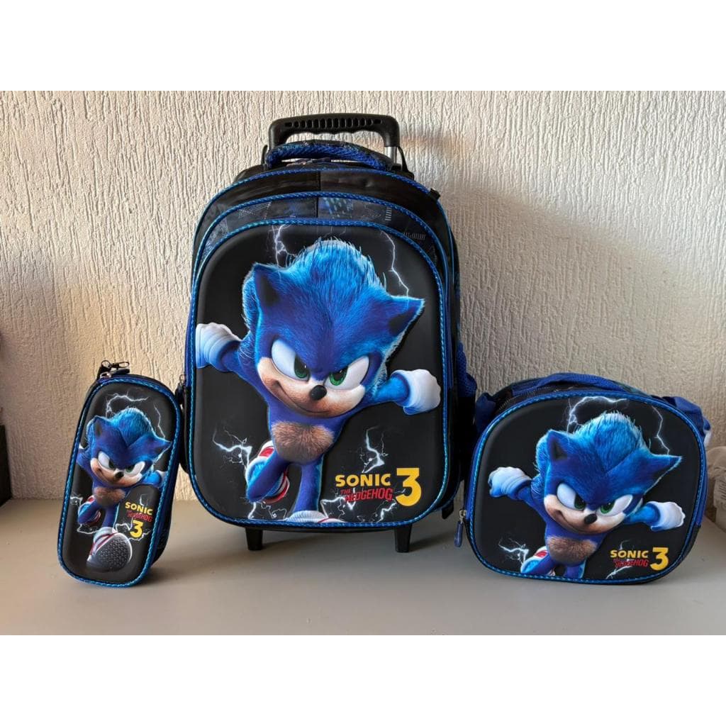 Mochila Escolar Sonic 3 em 1 Infantil Rodinha Estojo Lancheira 3D