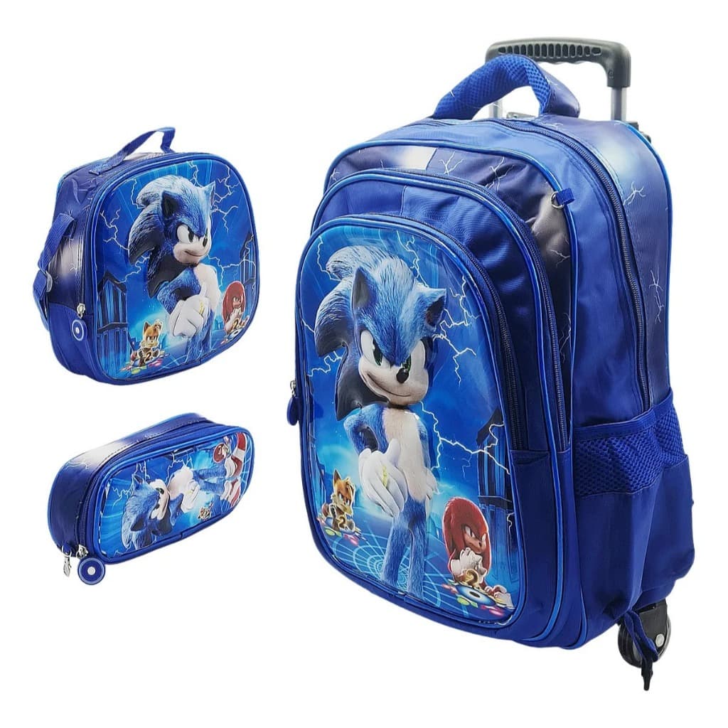 Mochila Infantil Sonic Rodinhas 3 em 1 Estojo Lancheira 3D