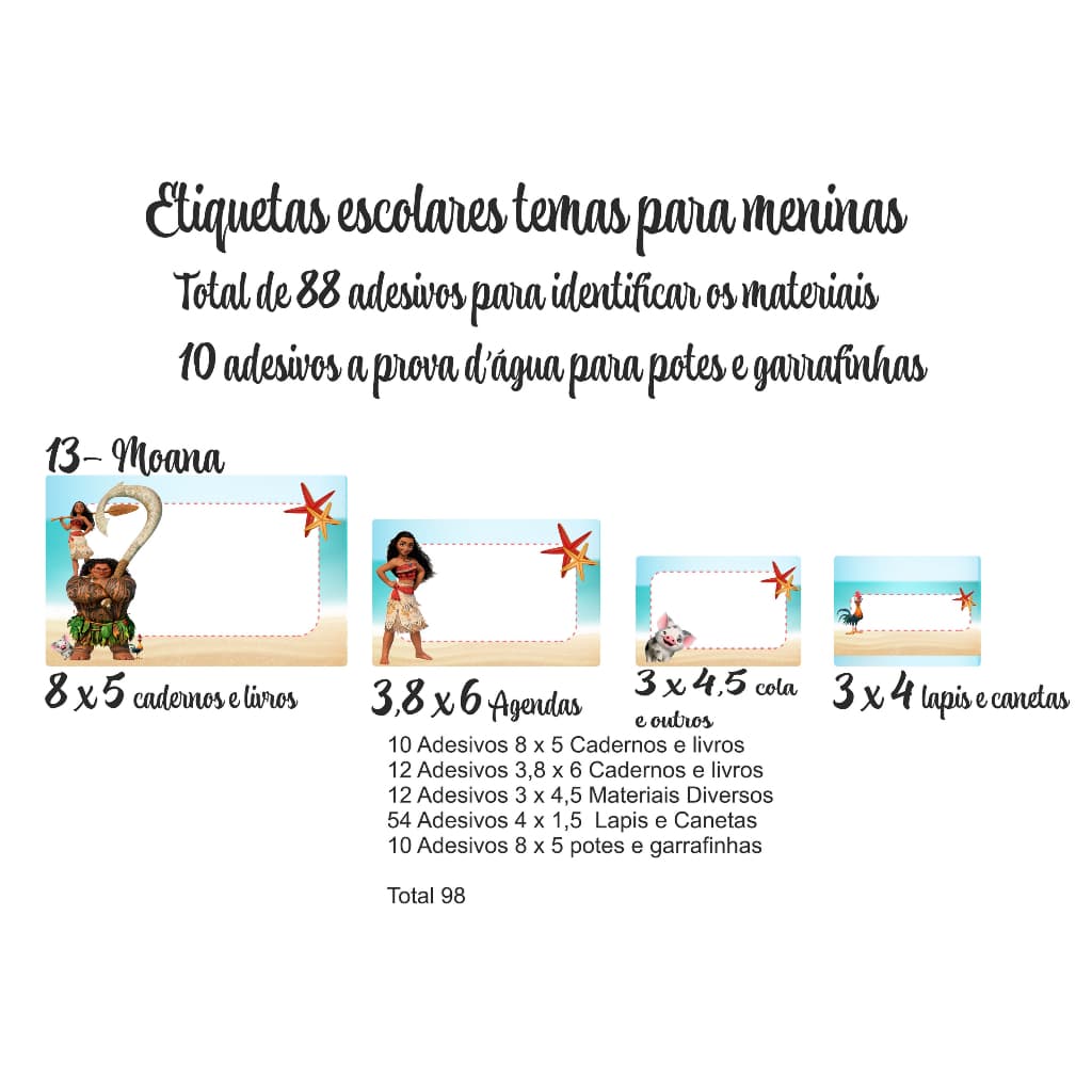 Etiquetas Escolares Personalizadas - Temas Meninas - Minnie - Stitch - Moana - Luluca - Guerreiras KPOP -Maria Clara  JP