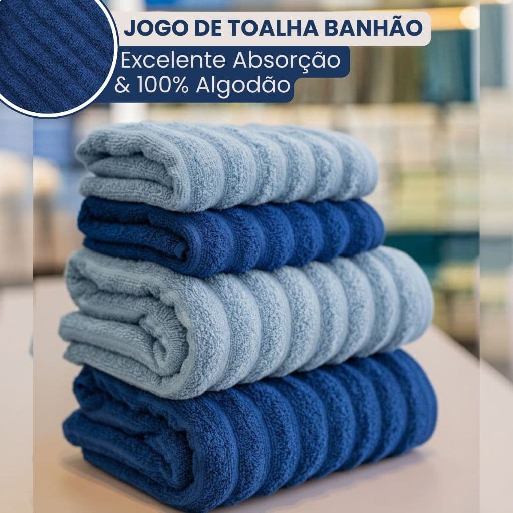 Jogo de Toalha 4 Peças 100% Algodão Grossa Felpuda Super Macia Excelente Absorção Habitat Wave Várias Cores