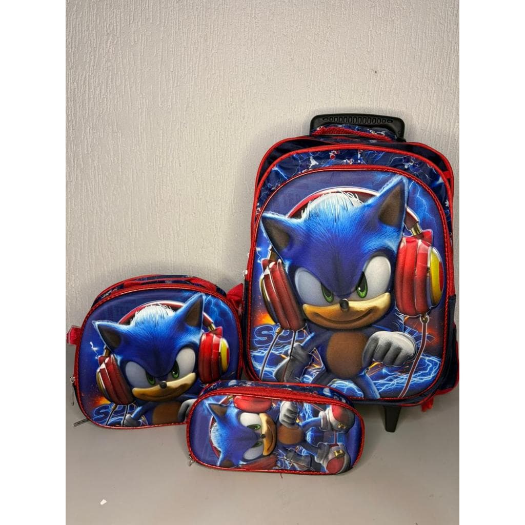 Kit Mochila Infantil Sonic 3 em 1 Rodinhas Lancheira Estojo 3D
