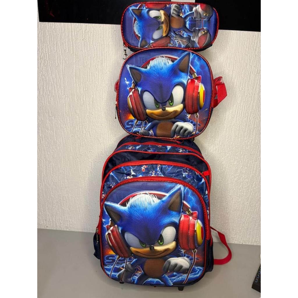 Mochila Rodinha 3 em 1 Sonic Infantil Kit Escolar 3D