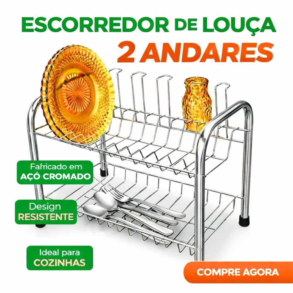 Escorredor de Louça 2 Andares em Aço Cromado/Inox Reforçado - Alta Capacidade, Resistente e Ideal para Cozinhas