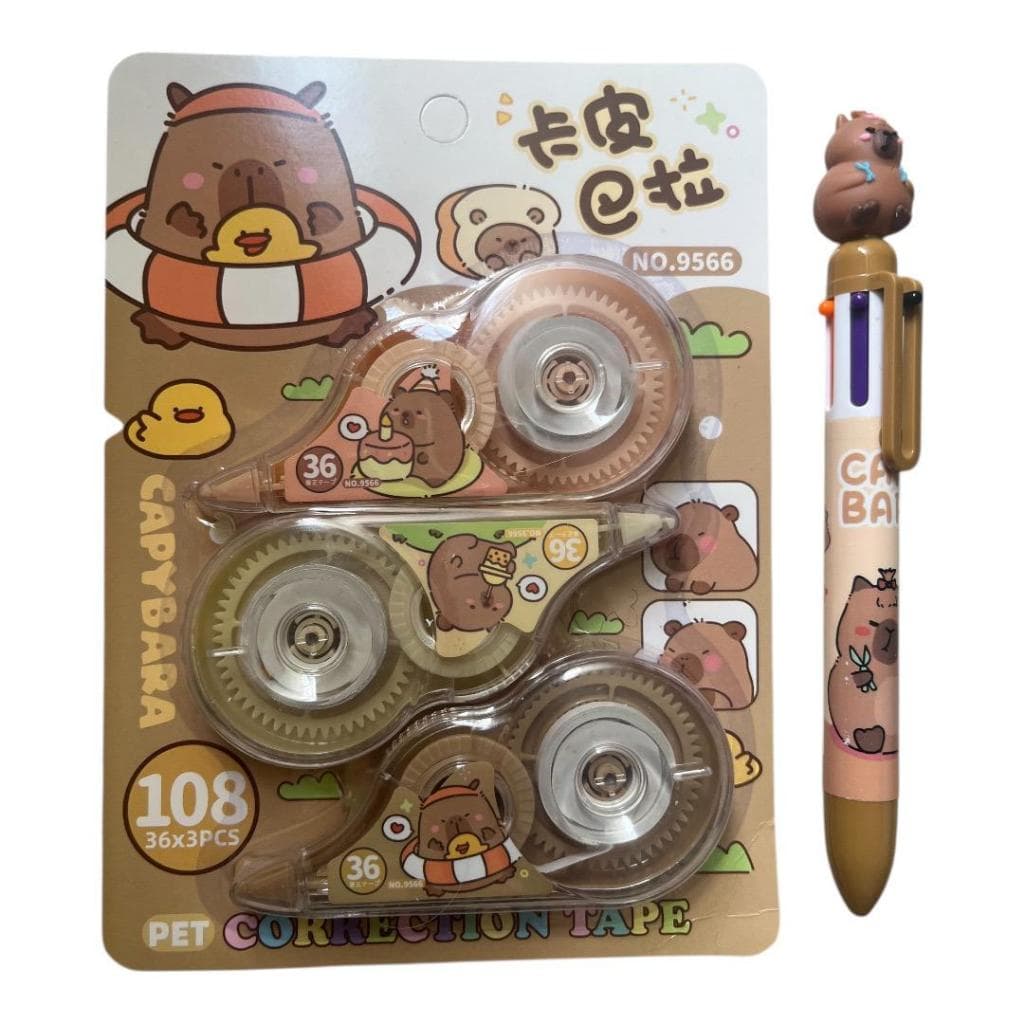 Caneta Gel 6 cores Corretivo Fita Capivara Kit Papelaria Fofa Material Escolar Escritório