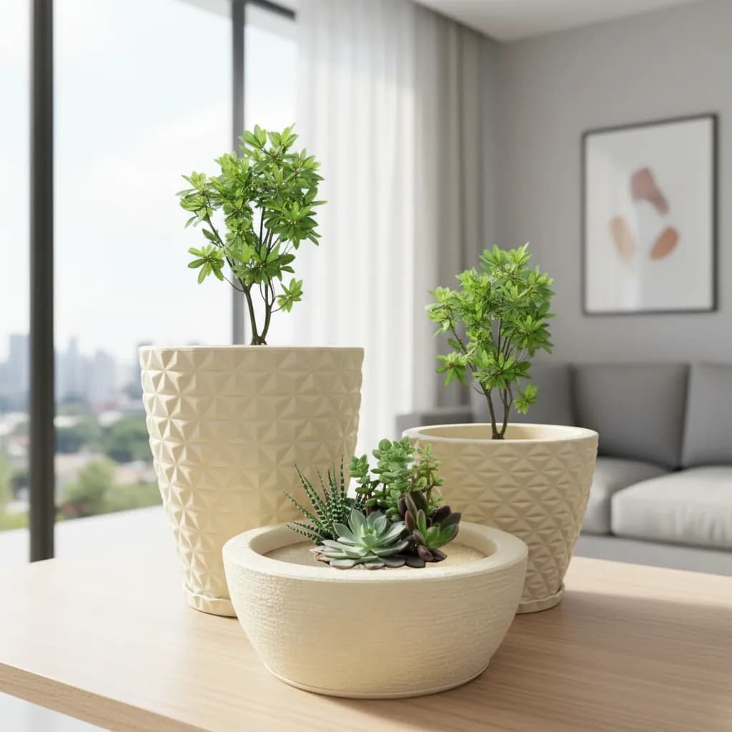 Kit 3 Vasos Planta Flor Diamante N°1,2 + Bacia N°1 Estilo Elegante e Moderno Com Prato Casa Jardim