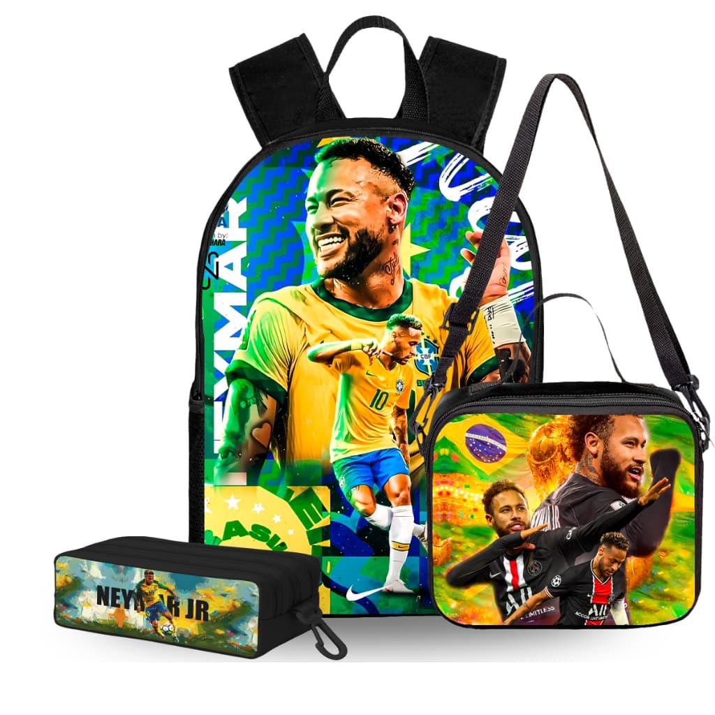 Mochila Escolar Infantil Neymar Jr Brasil Confortável nas Costas Bolsos Elásticos e Bolso interno