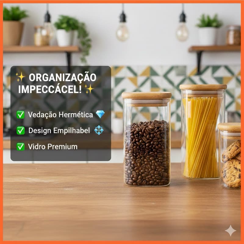 Pote Hermético Premium 250ml – Vidro Borossilicato Quadrado com Tampa de Bambu