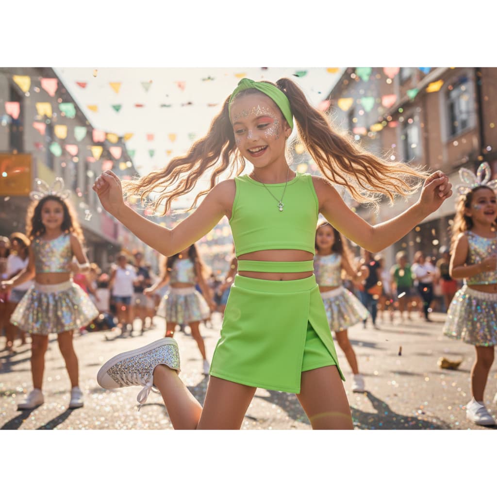 CONJUNTO SHORTS -SAIA BLUSA  COM TIARA  NEON  CARNAVAL. INFANTIL JUVENIL FANTASIA