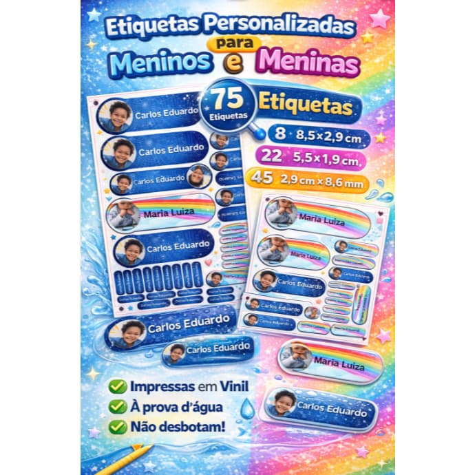 Etiquetas Escolares Personalizadas Vinil Prova Água com Foto Menino Menina Infantil