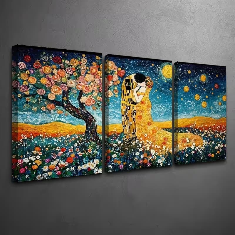 Kit 3 Quadros O Beijo Klimt Releitura Árvore da Vida Decoração Sala Quarto Arte Gustav Klimt
