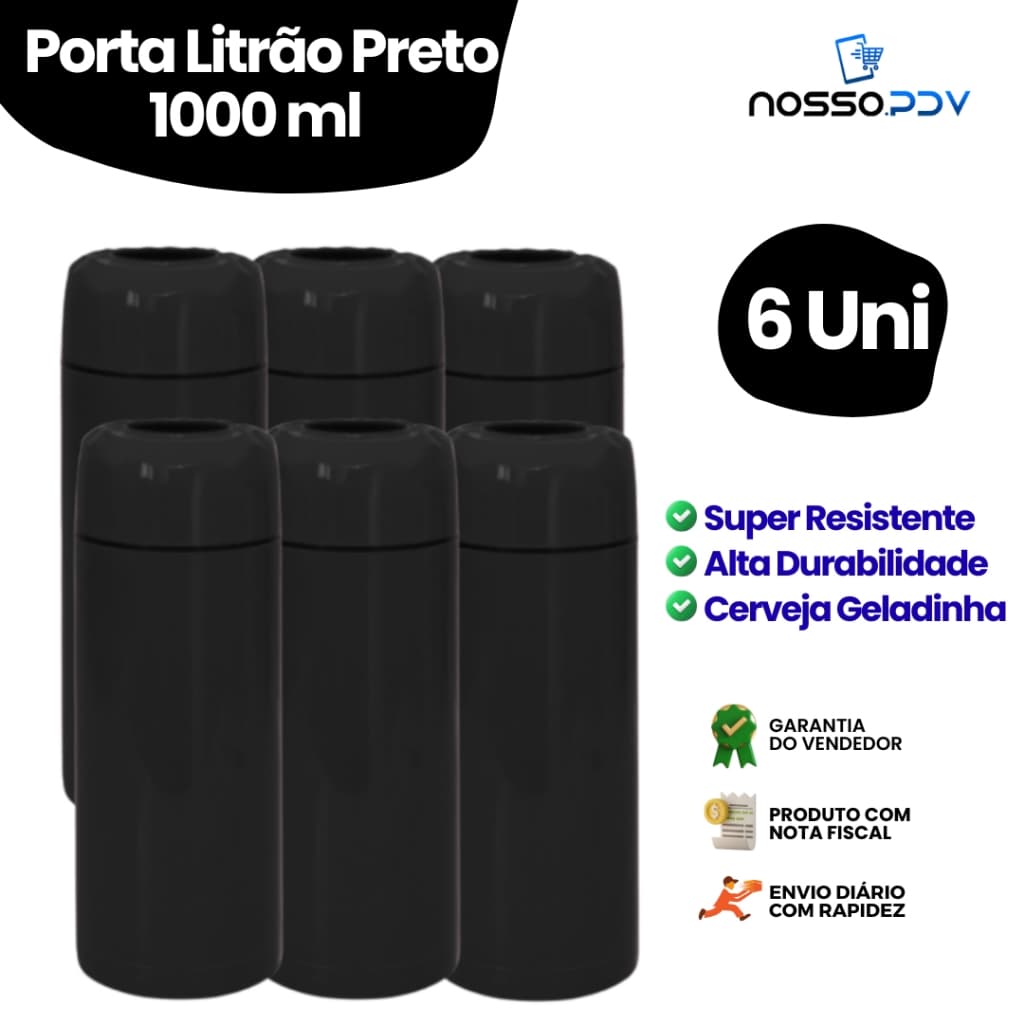 Kit 6 Porta Garrafas Térmico Para Cerveja Litrão 1L Cor Preto Parede Dupla Alta Qualidade Envio Rápido