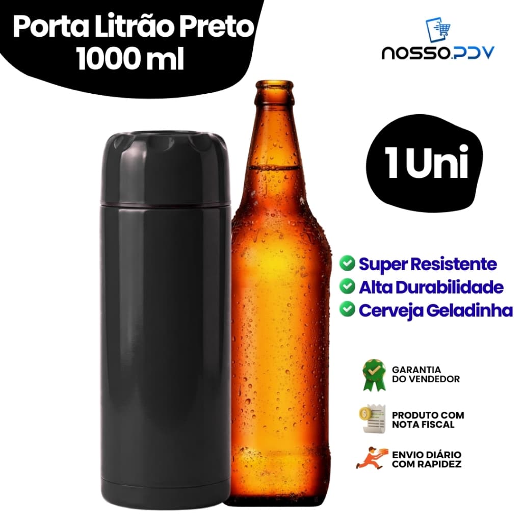 Porta Garrafa Térmico Para Cerveja Litrão 1L Cor Preto Parede Dupla Alta Qualidade Envio Rápido