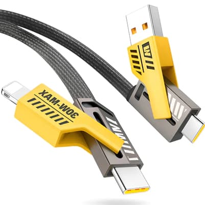 Cabo Carregamento Rápido 4 em 1 TURBO 65W/27W Cabeça de Metal Revestimento de Nylon 1 metro