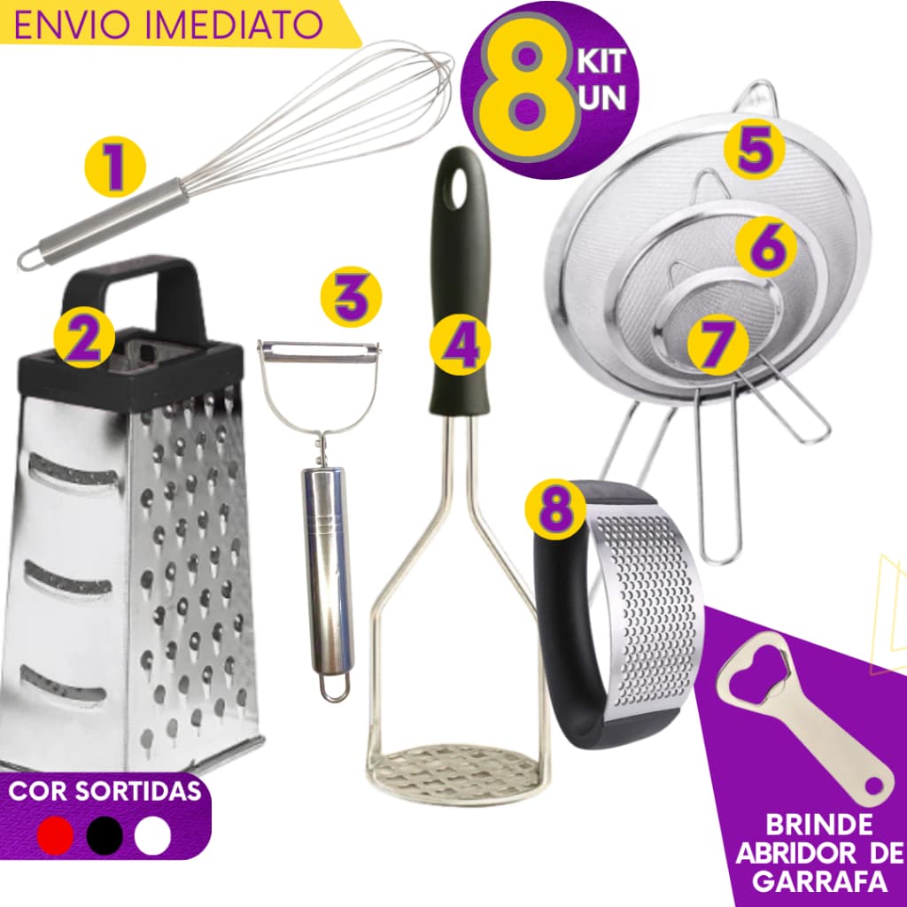 Jogo De Utensílios de Cozinha Em Aço Inox - Amassador de Batata e Alho Ralador Fouet Peneiras