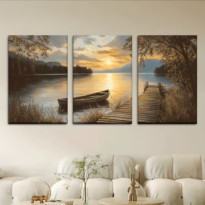Kit 3 Quadros Pôr do Sol Lago Barco Paisagem Natureza Dourada Decoração Relaxante Oferta