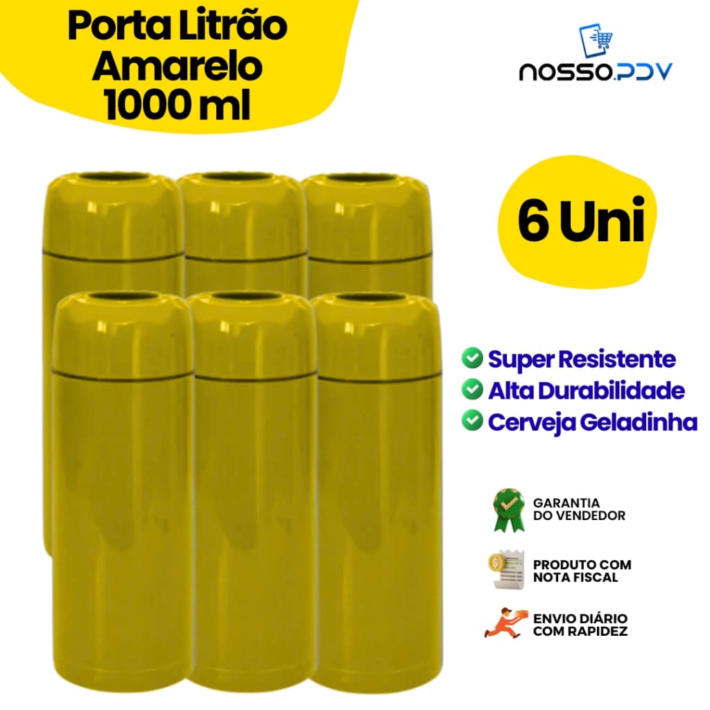 Kit 6 Porta Garrafa Térmico Para Cerveja Litrão 1L Cor Amarelo Parede Dupla Alta Qualidade Envio Rápido