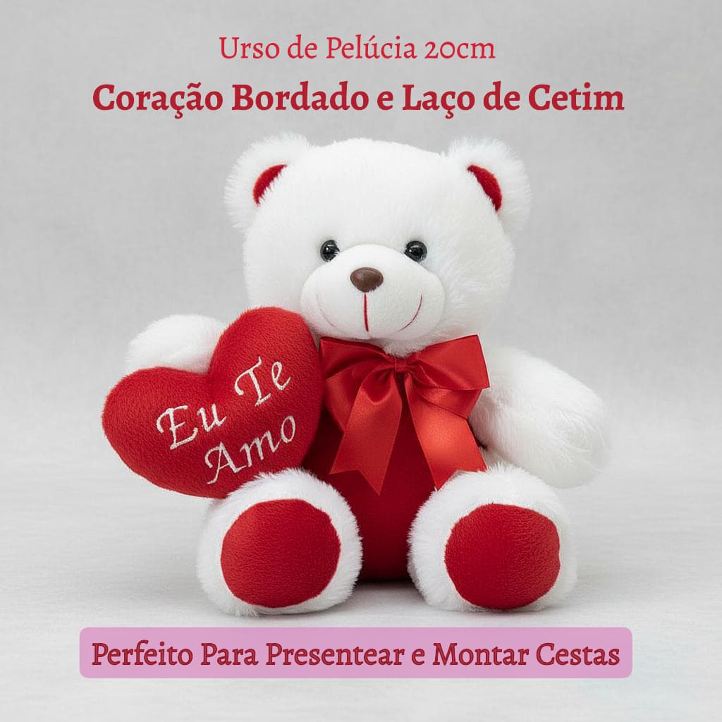 Urso de Pelúcia Branco 20cm Com Coração Bordado e Laço de Cetim - Com Carinho - Eu Te Amo - Amo Você