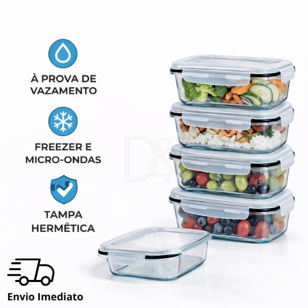 Kit Até 5 Potes De Vidro Hermético 350ml Pote Com Tampa E Travas Marmita Fitness Dieta