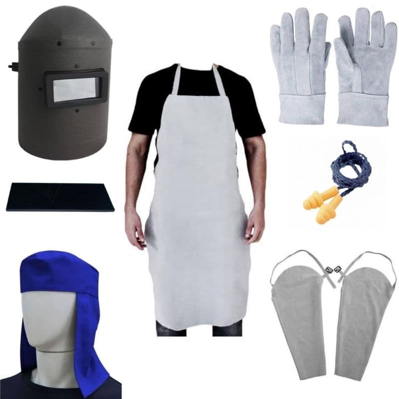Kit Serralheiro, soldador, máscara de solda, avental, luva, mangote, touca, lente, protetor auricular