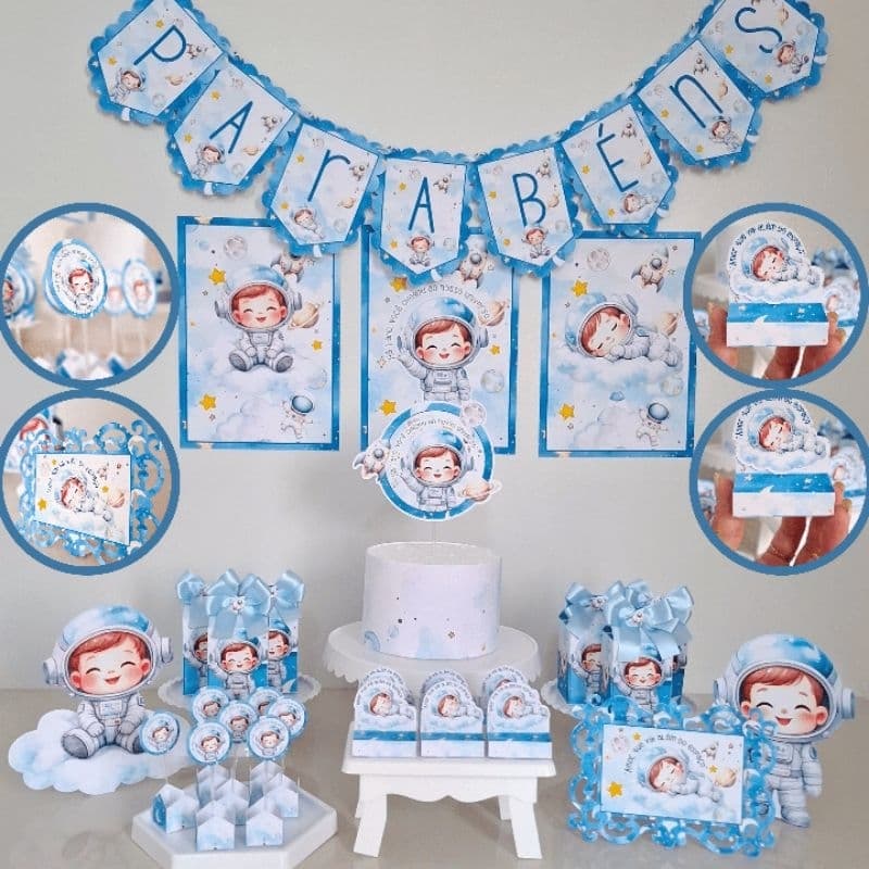 Kit Festa Mesversário Astronauta Baby – Kit 30 Itens/117 Itens| Festa Básica | Festa Completa| Lembrancinhas Menino