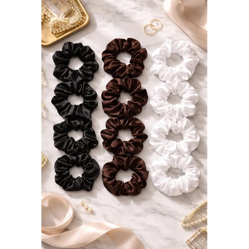 Kit 12 xuxinhas de cetim com alta elasticidade, scrunchie rabicó antifrizz.