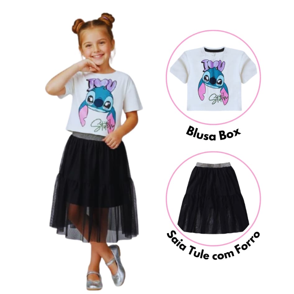 Conjunto Infantil Menina Stitch Blogueirinha Saia de Tule e Blusa