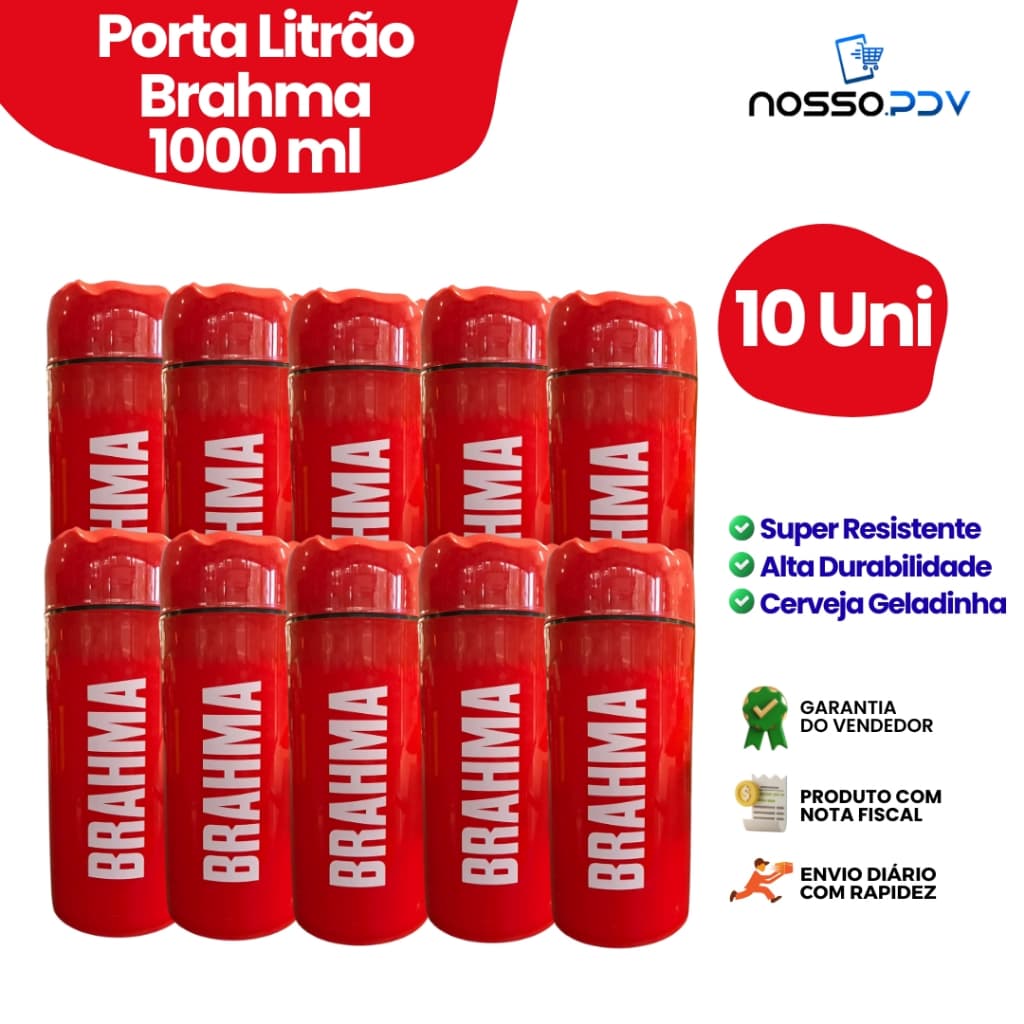 Kit 10 Porta Garrafa Térmico Para Cerveja Litrão Brahma 1L Cor Vermelho Parede Dupla Alta Qualidade Envio Rápido