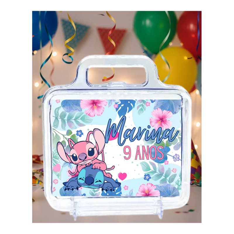 Tag/Adesivo Personalizado para Maletinhas 7x10 Stitch e Angel | Lembrancinha Infantil – Todos os Temas