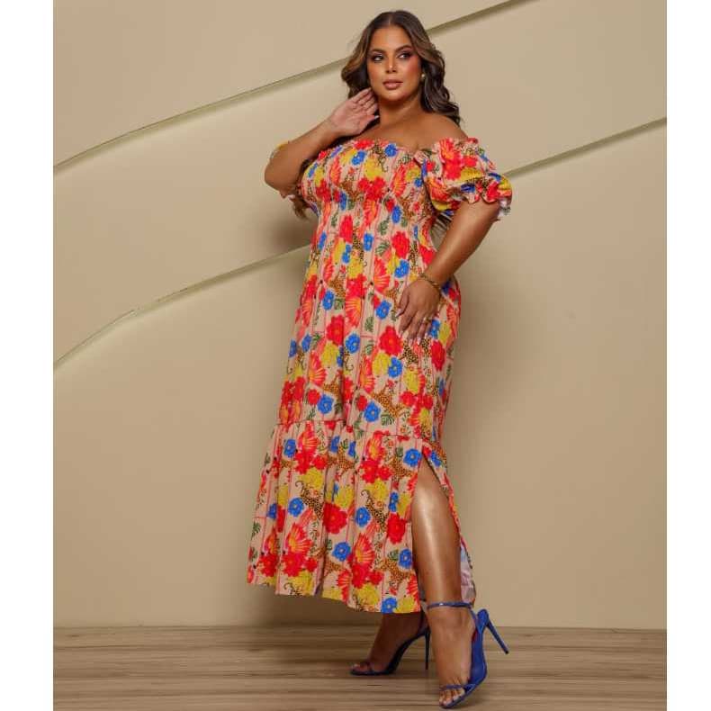 Vestido Plus Size Estampado Midi Floral Ciganiha  Moda Evangelica Elegante Verão Longo