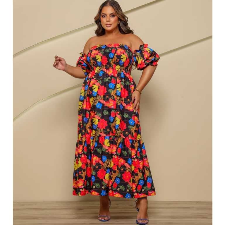 Vestido Estampado Preto Floral  Plus Size Moda Maior Evangelico Babado Soltinho Confortavel