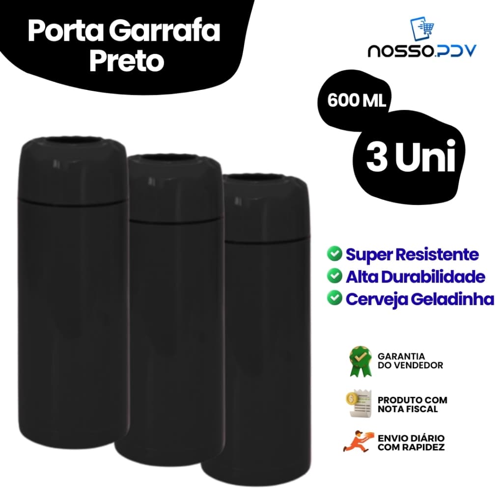 Kit 3 Porta Garrafa Térmico Para Cerveja Garrafa 600ml Cor Preto Parede Dupla Alta Qualidade Envio Rápido