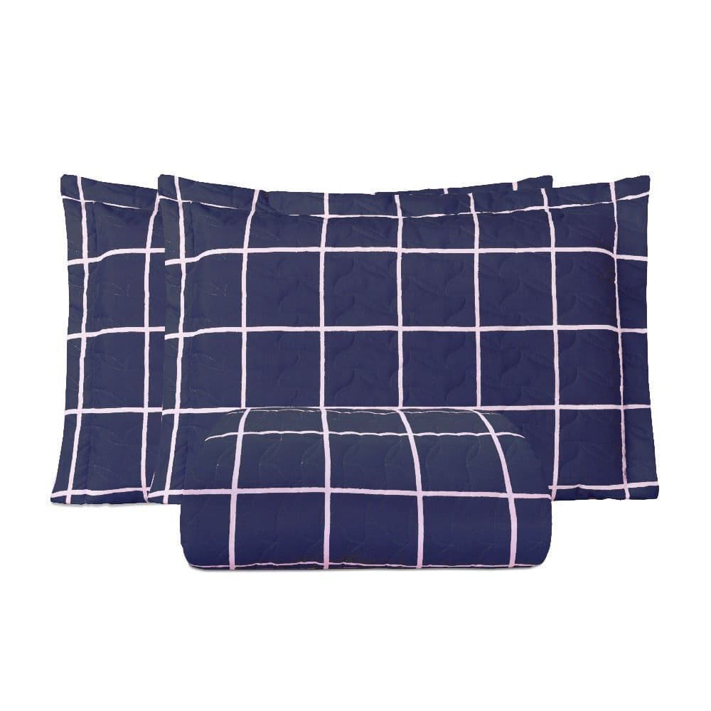 Cobre Leito para Cama Queen com 03 Peças Linha Essencialle 150 Fios em Algodão/PL - Grid Marinho