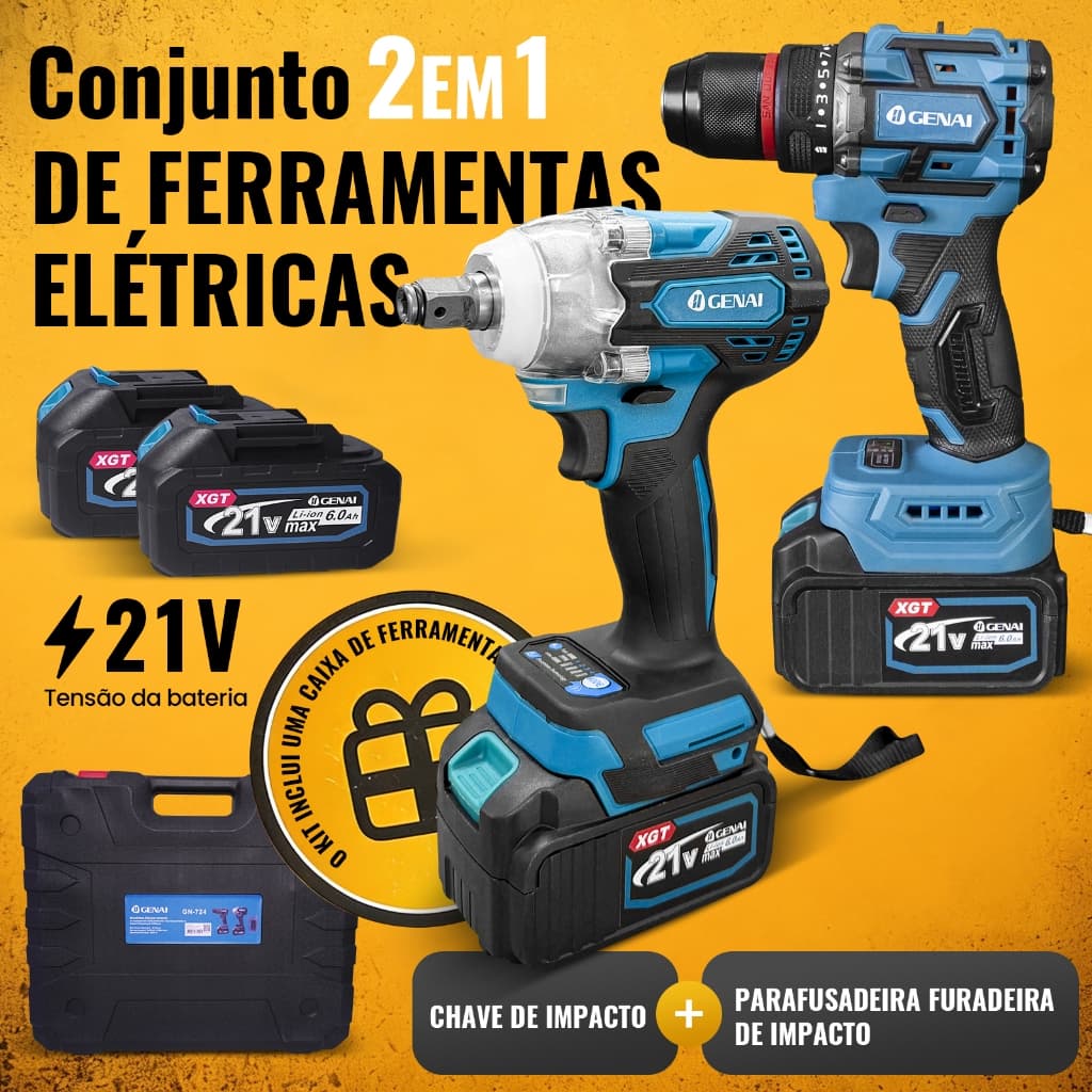Kit Parafasudeira Chave De Impacto  + Furadeira de impacto 21v Portátil Recarregável Com 2 Baterias