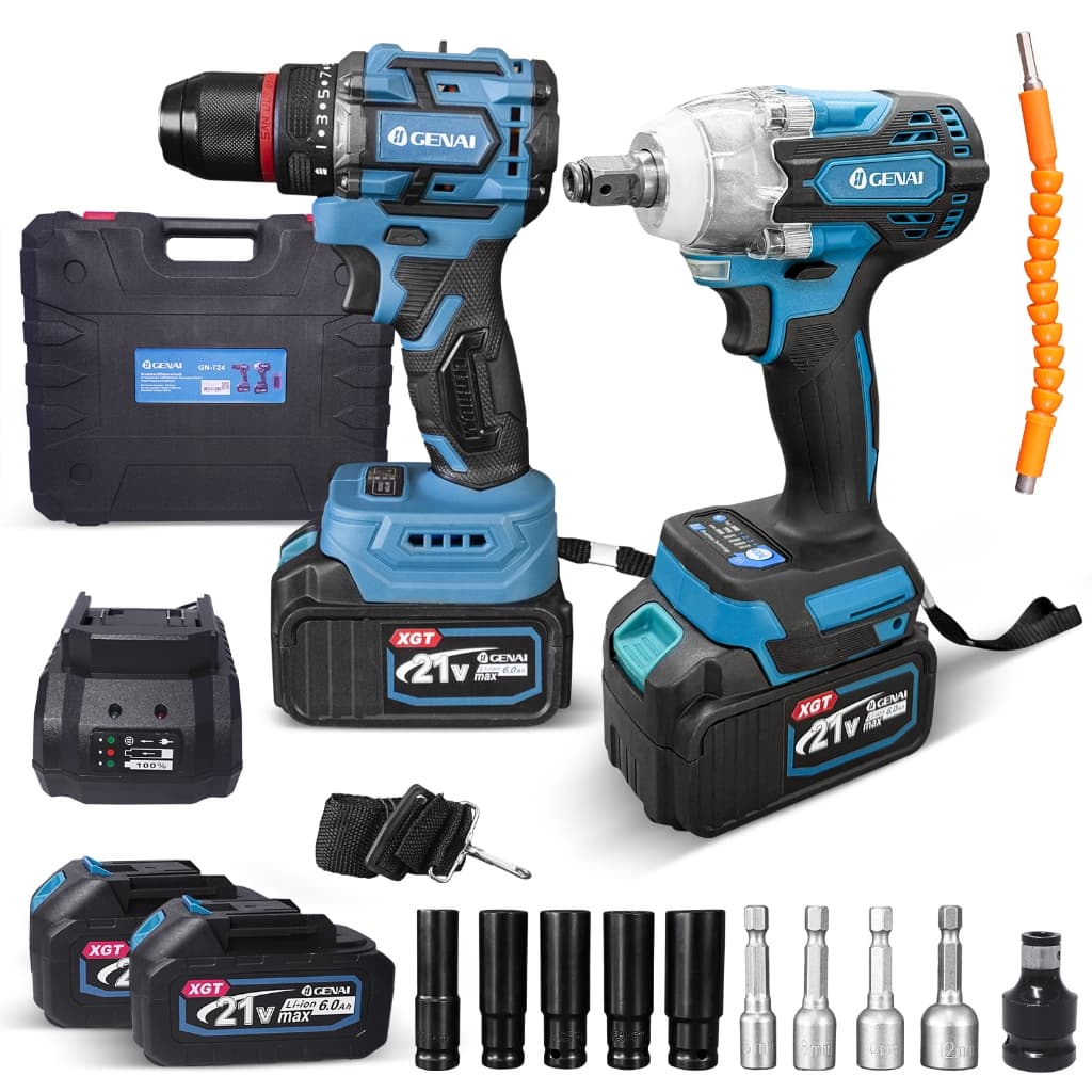 Kit de Chave de Impacto 21V + Furadeira de Impacto Sem Escova 21V com 2 Baterias 25 Acessórios para Construção