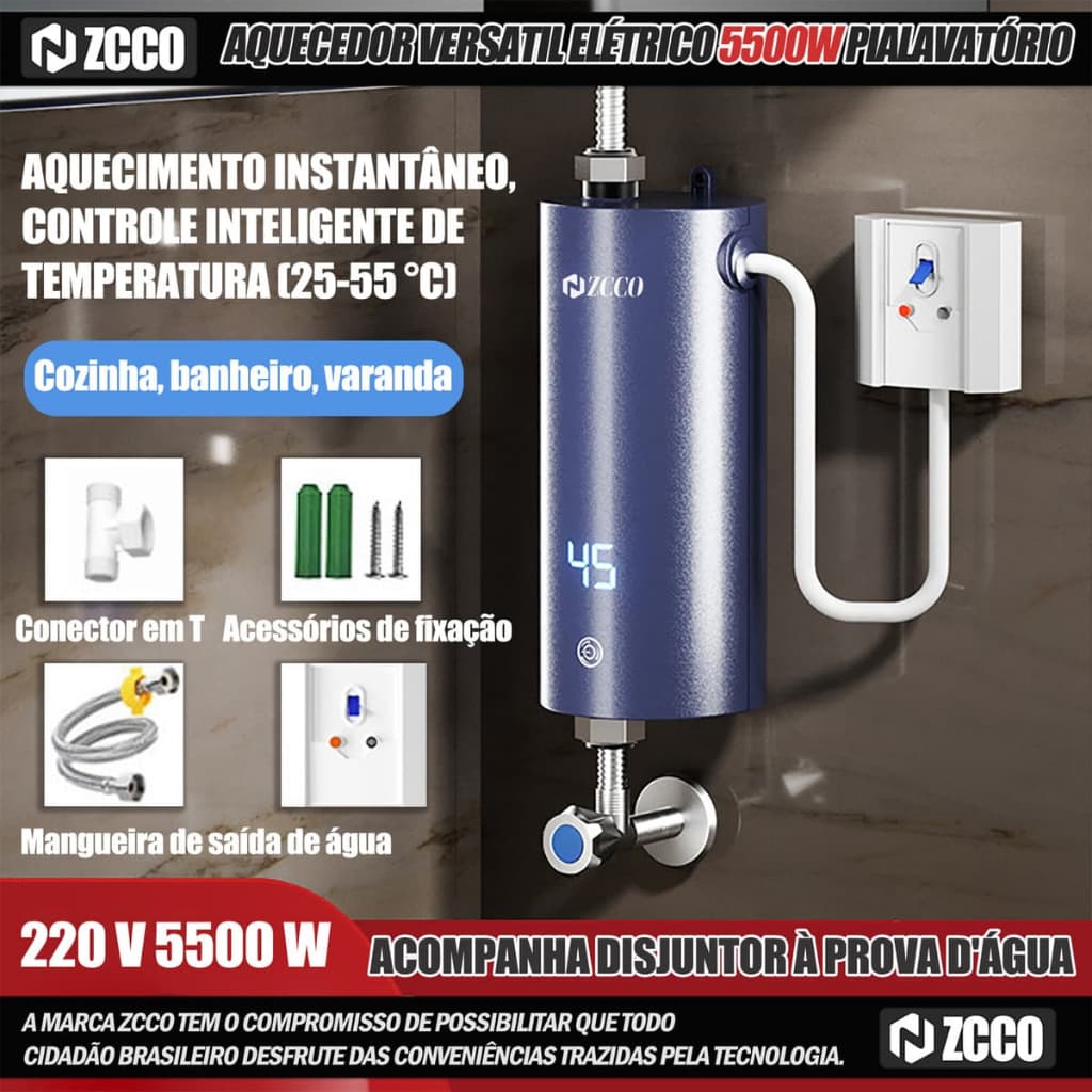 ZCCO Aquecedor Água Instantâneo 5500W, 3s Aquecimento, Temp 28-55°C, IPX4, Compacto – Estoque BR, Envio 24h