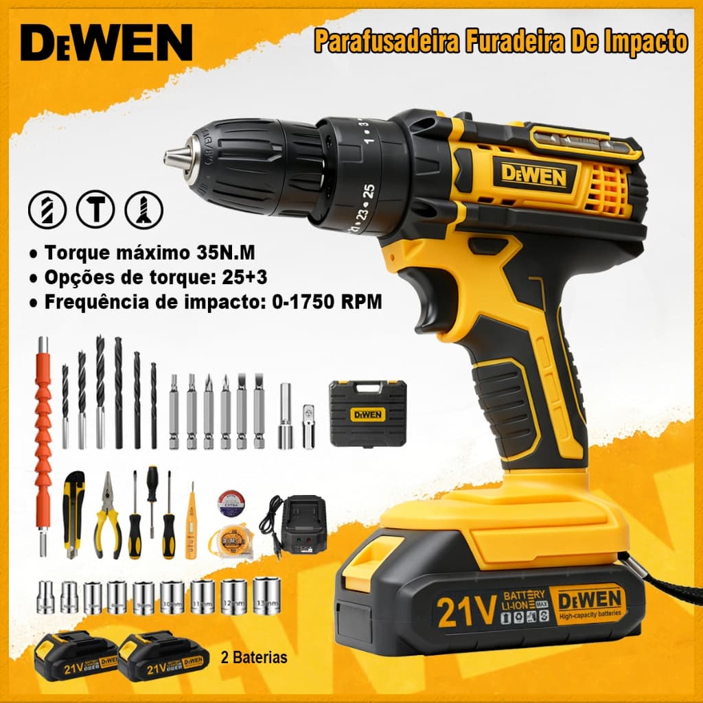 Parafusadeira Furadeira De Impacto 21V Kit Maleta com 2 Batertas Kit de 34 pcs Completo