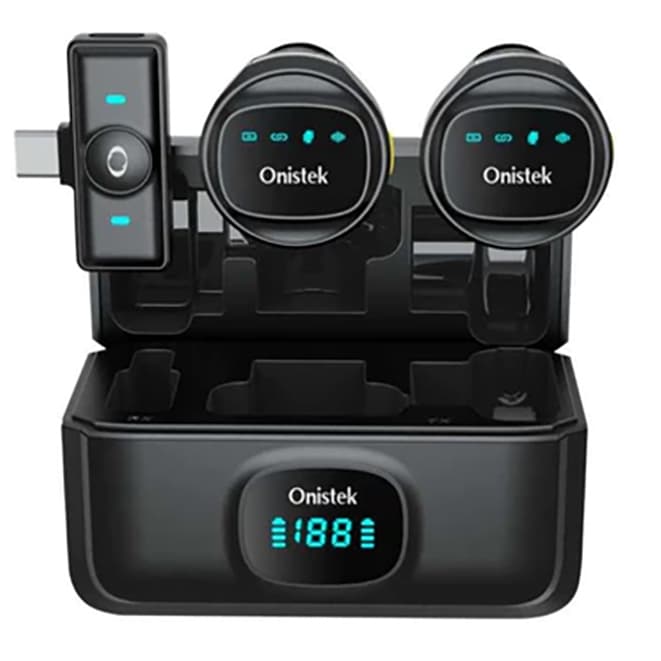 Microfone Lapela Sem Fio 2 em 1 Onistek, Plug and Play, Case de Carregamento Digital USB Type-c