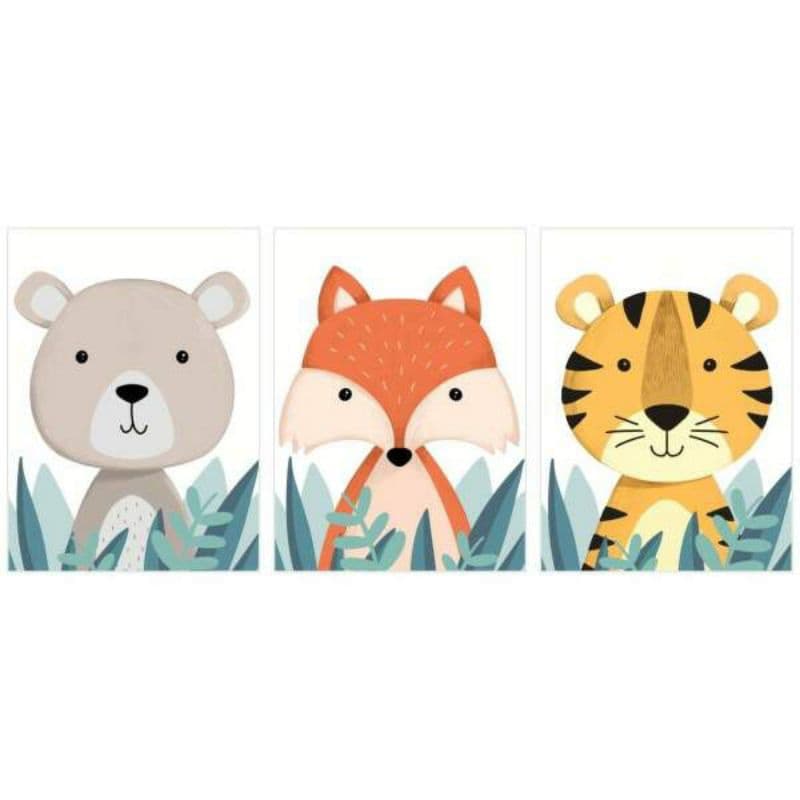 Kit 3 Quadros Infantis Safari Urso Raposa Tigre 40x60cm MDF 3mm.