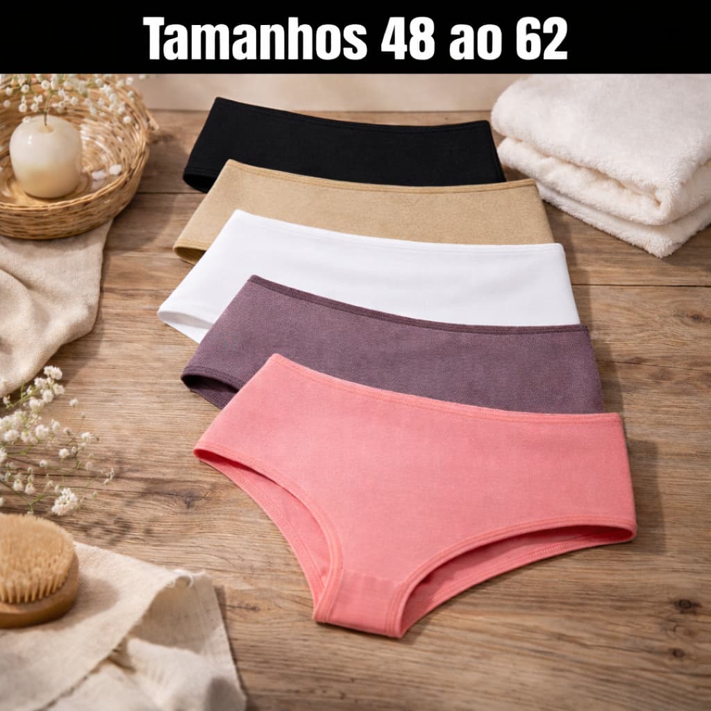Kit c/ 5 Calcinhas Calçola Senhora Plus Size Hot Pants Conforto Cós Alto Cintura Alta do 48 ao 62