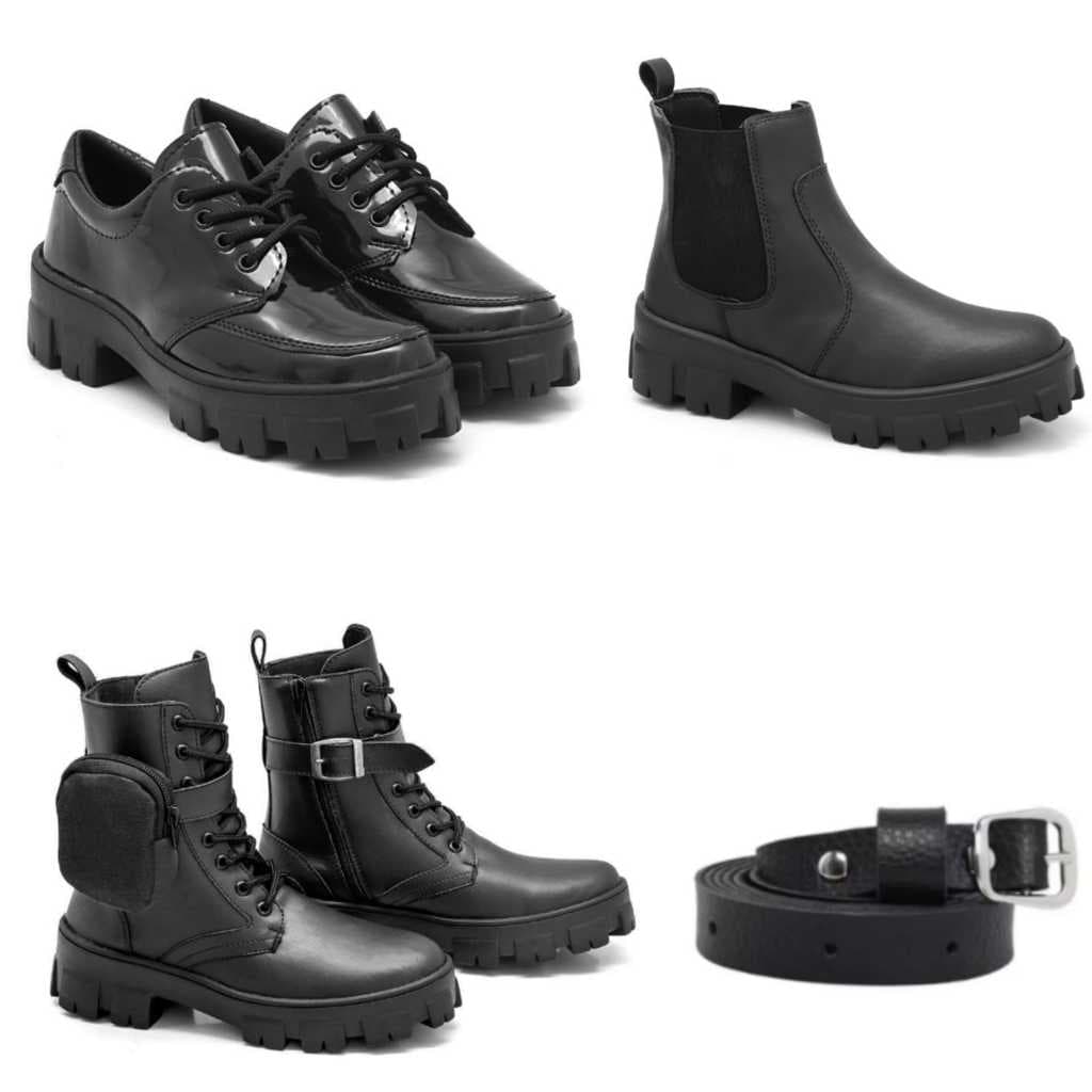 Coturno Feminino C/ Bag Preto + Mocassim Wandinha Preto + Coturno com Elástico + Cinto